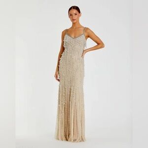 Mac Duggal 10101 Nude Silver V-Neck Column Gown with Fringe Embellishments sz 2